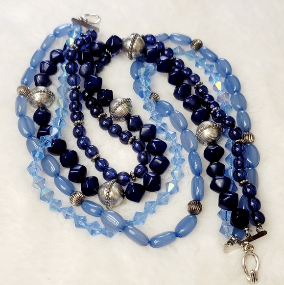 Blue Crystal & Silver Necklace, Multi-Strand, Acrylic & Silvertone -18.5" - Vtg - Picture 2 of 4